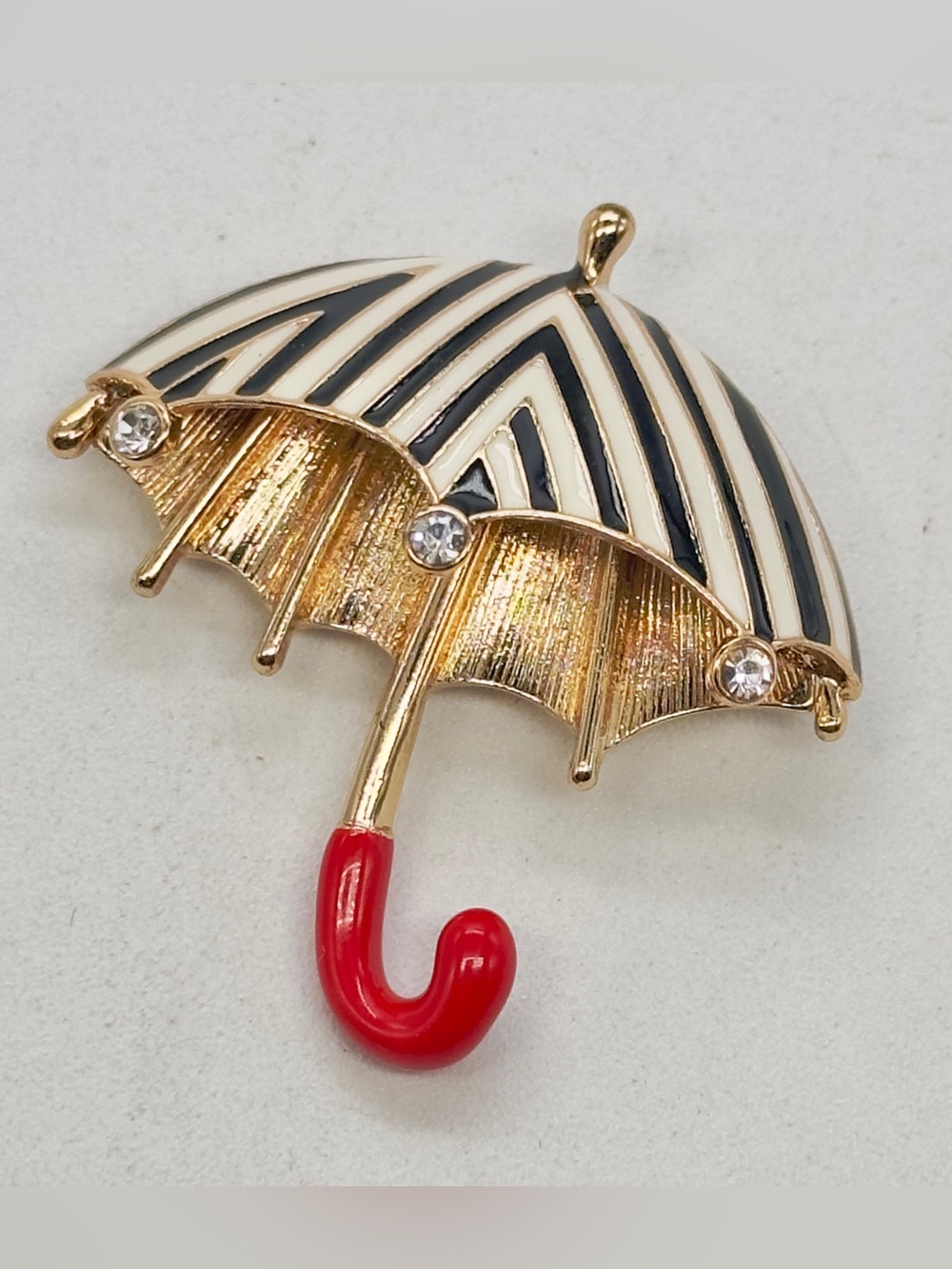 Gold Tone Enamel Striped Umbrella Brooch Pin Red Rhinestone Figural Rainy Day